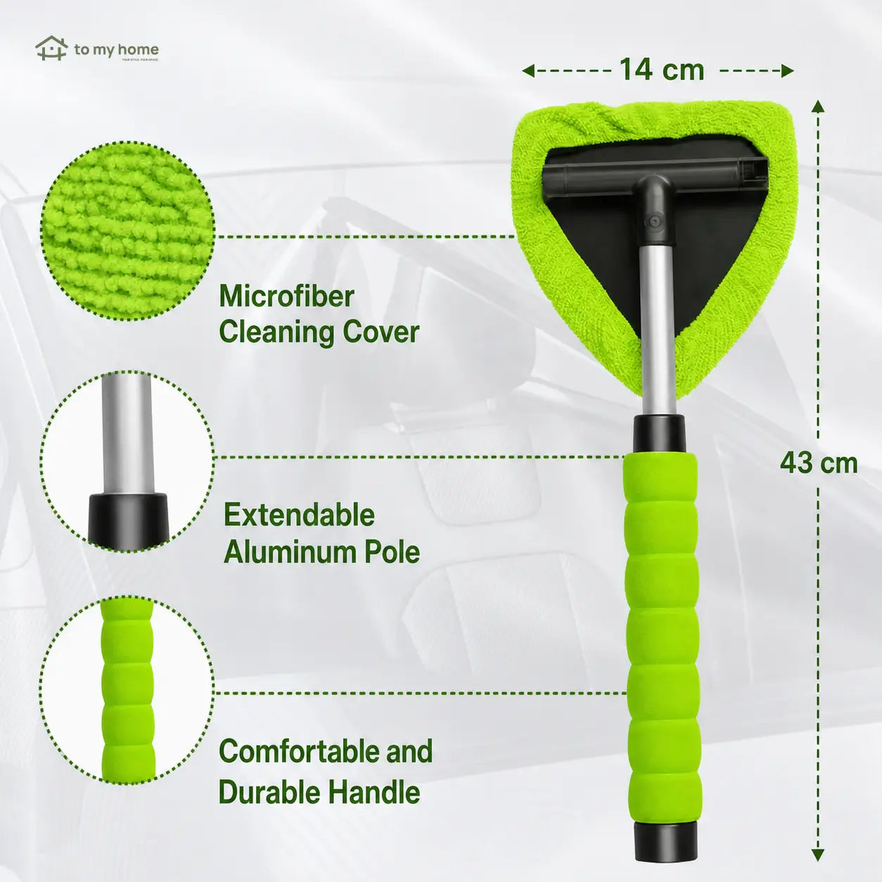 Extendable Windshield Cleaning Tool with 180° Swivel Head and 4 Reusable Microfiber Pads for Interior and Exterior Cars, Trucks, SUVs, and RVs Tomyhome Global