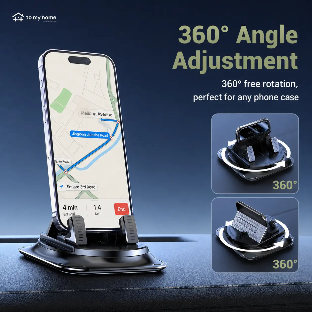 360° Rotating Car Phone Holder with Suction Cup Base for Stable Dashboard Navigation, One-Handed Use, iPhone and Android Phones in Most Cars Tomyhome Global