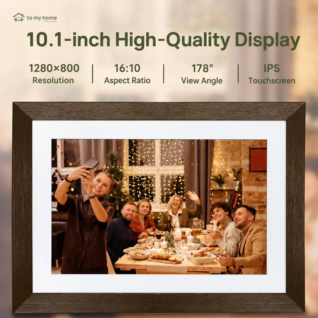Digital photo frame with 25.7 cm (10.1 in) screen and wood design for home office memory displays and thoughtful everyday gifting Tomyhome Global
