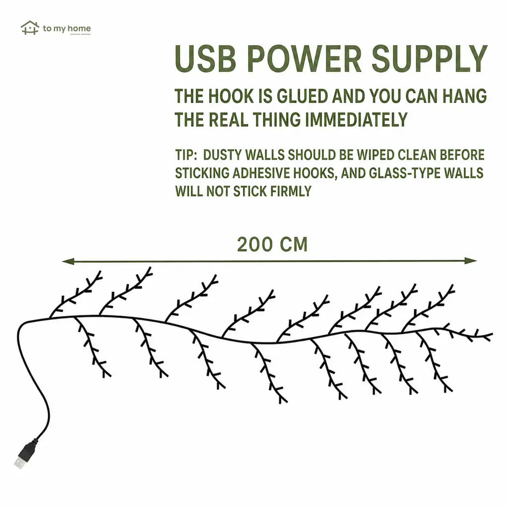 Weather-resistant 200 cm USB powered LED branch vine light for DIY hanging ambient wall lighting, weddings, festivals, Halloween and year-round home decor Tomyhome Global