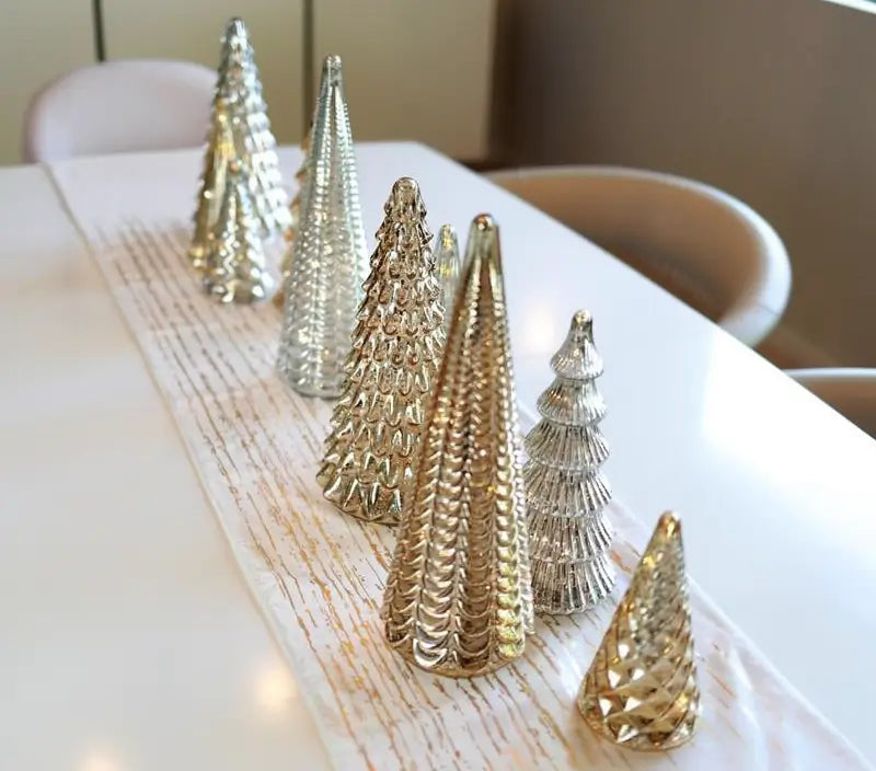 Set of 5 LED Illuminated Mercury Glass Trees Elegant Tabletop Holiday Decor Battery Operated Warm Glow Centerpiece Home Party Seasonal Display