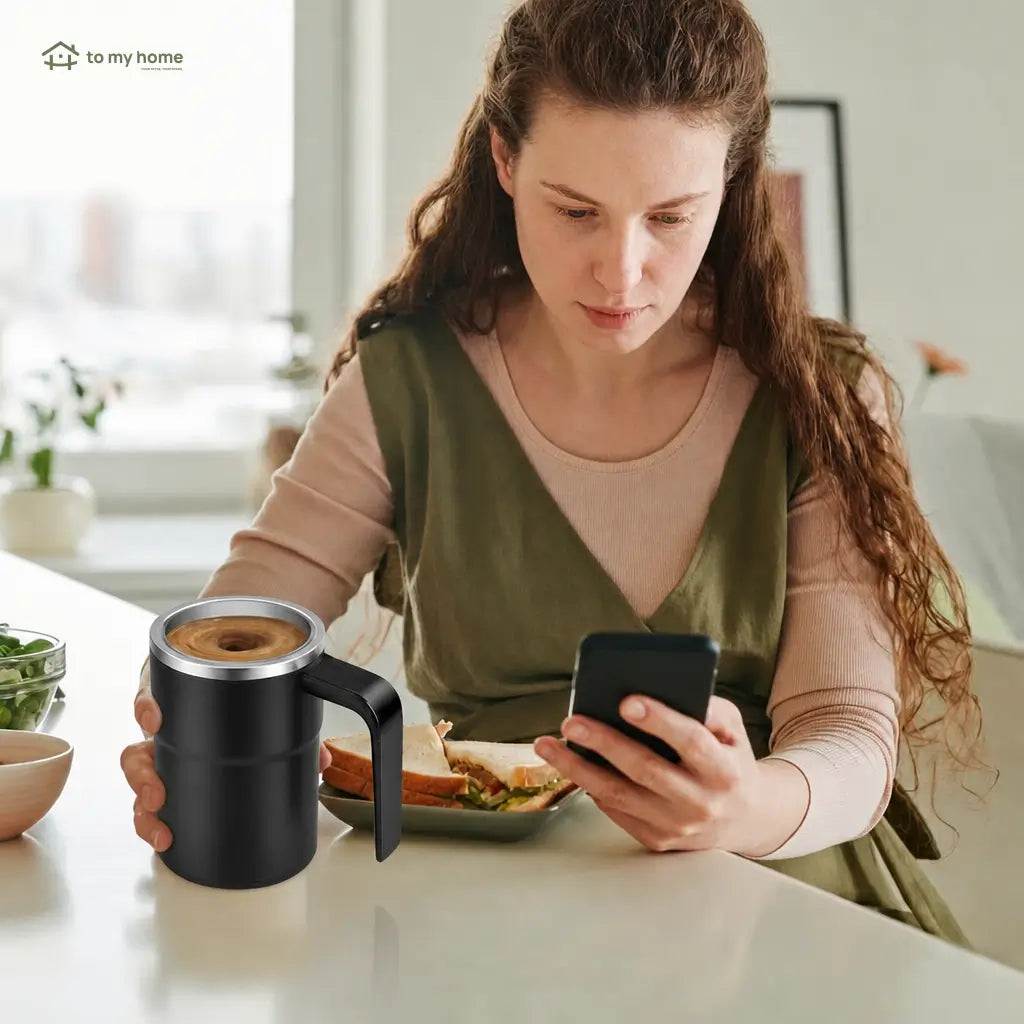 Rechargeable magnetic stirring mug with detachable mixer and LCD thermometer for smooth coffee, cocoa, protein shakes, and everyday office or travel drinks Tomyhome Global