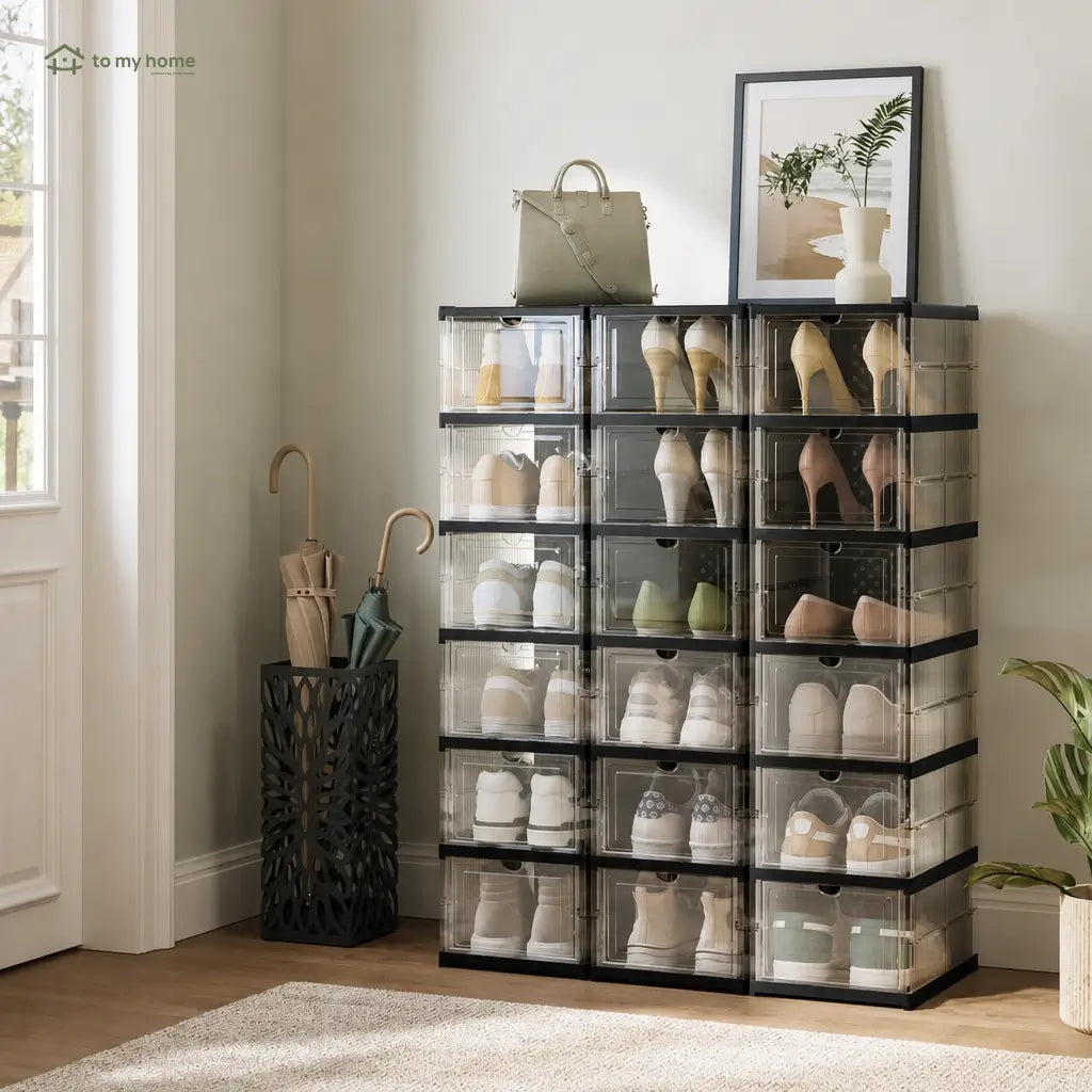 Collapsible shoe storage boxes with clear front doors, stackable foldable organizer for closets, shelves and entryways, fits US size 13 shoes Tomyhome Global