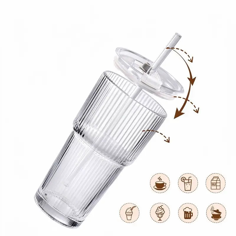 591ml Ribbed Glass Tumbler Set with Lids and Straws Reusable Leak-Proof for Iced Coffee Smoothies Juice Cocktails Stylish Durable Glass Drinkware