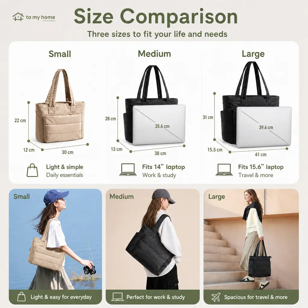 Lightweight puffer tote bag with laptop sleeve, zip closure and pockets for work, travel, gym and everyday commuting essentials Tomyhome Global