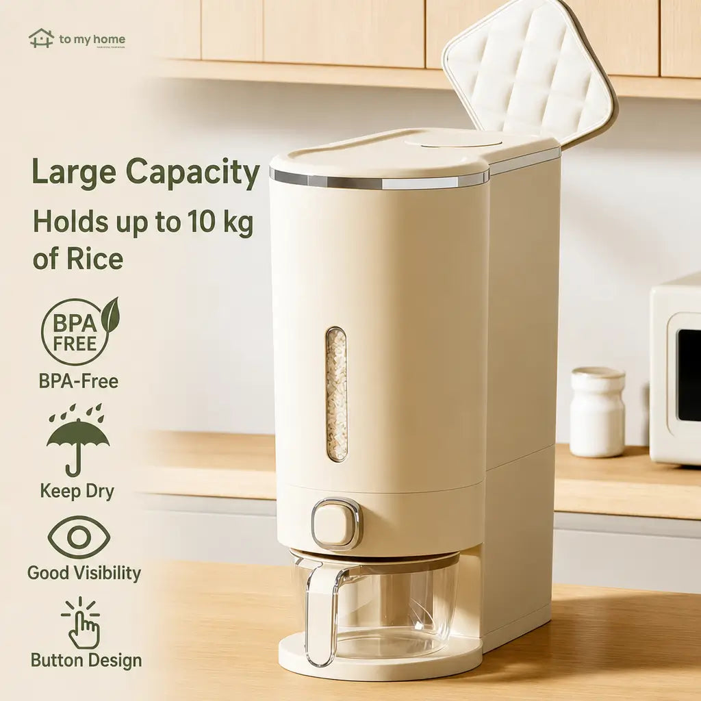 Airtight rice dispenser with measuring cup, insect-proof 22 lb grain storage container for kitchen pantry, pet food and everyday dry goods Tomyhome Global
