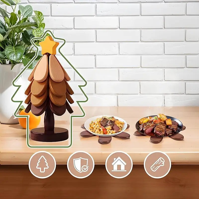 Heat Resistant Foldable Wooden Tree Trivet Set with 4 Coasters and 1 Stand for Hot Dishes Pots Bowls Teapots Solid Wood Kitchen Tableware Gift