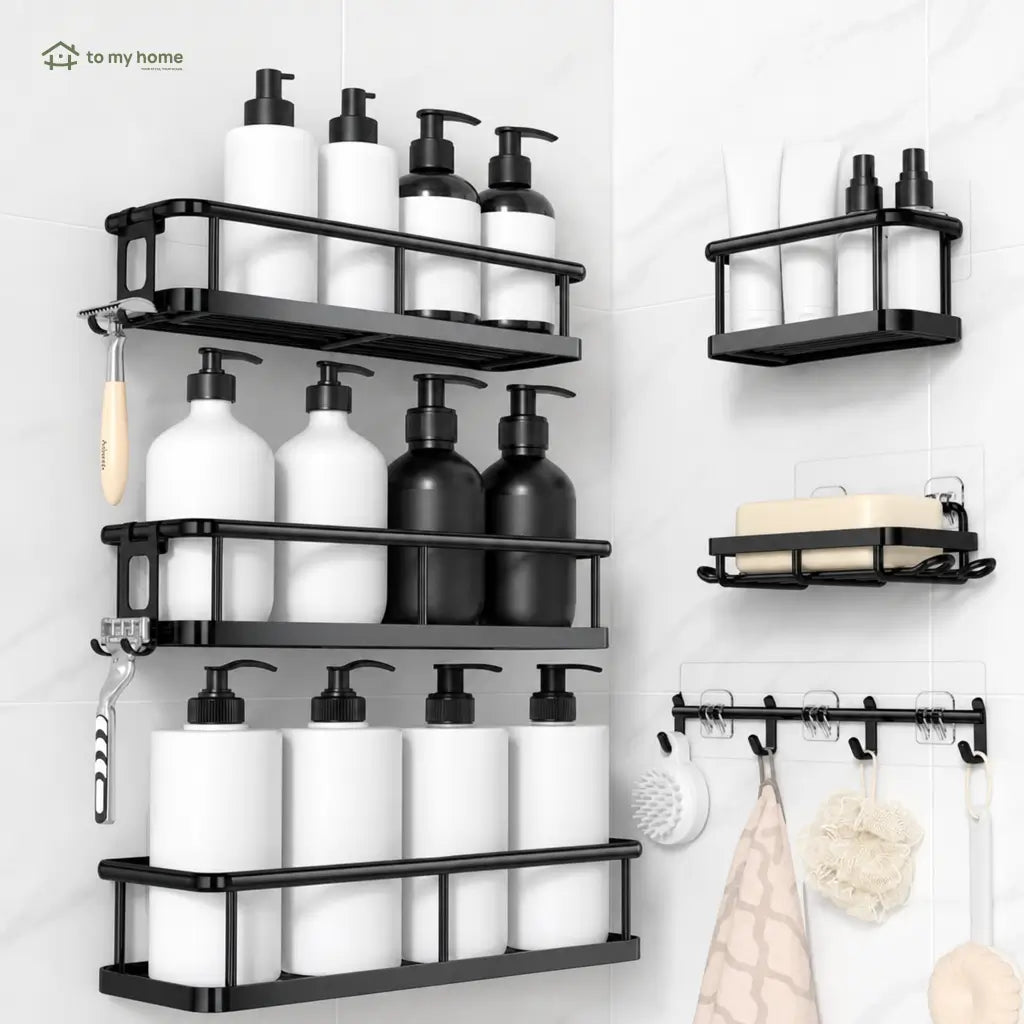 Black No-Drill Shower Caddy 5-Pack with Rust-Resistant Metal Shelves and Removable Hooks for Bathroom Wall Storage and Inside Shower Organization Tomyhome Global