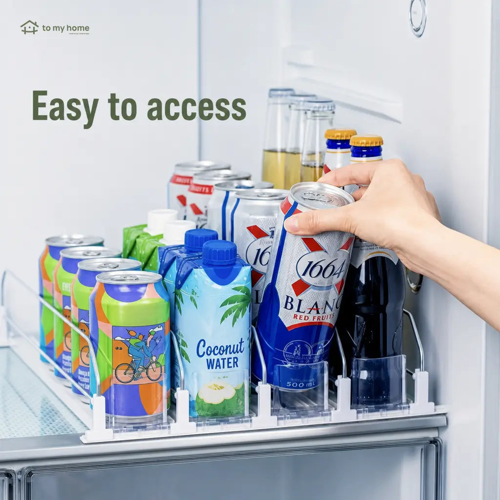 Refrigerator beverage organizer with spring-loaded can feed, durable recycled plastic storage for soda cans, coolers, shelves and pantry Tomyhome Global