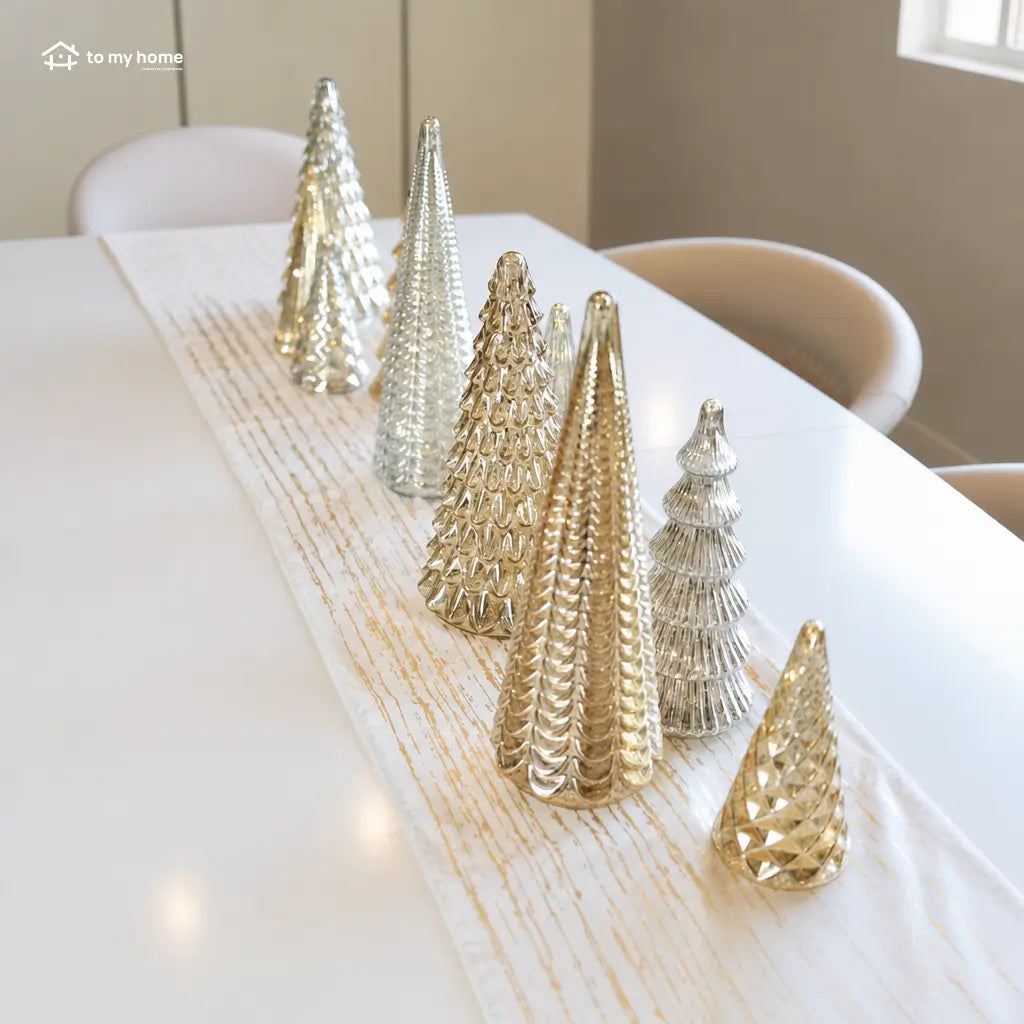 Set of 5 illuminated mercury glass Christmas trees with six-hour timer for mantel, side table, and festive holiday centerpiece decor displays Tomyhome Global