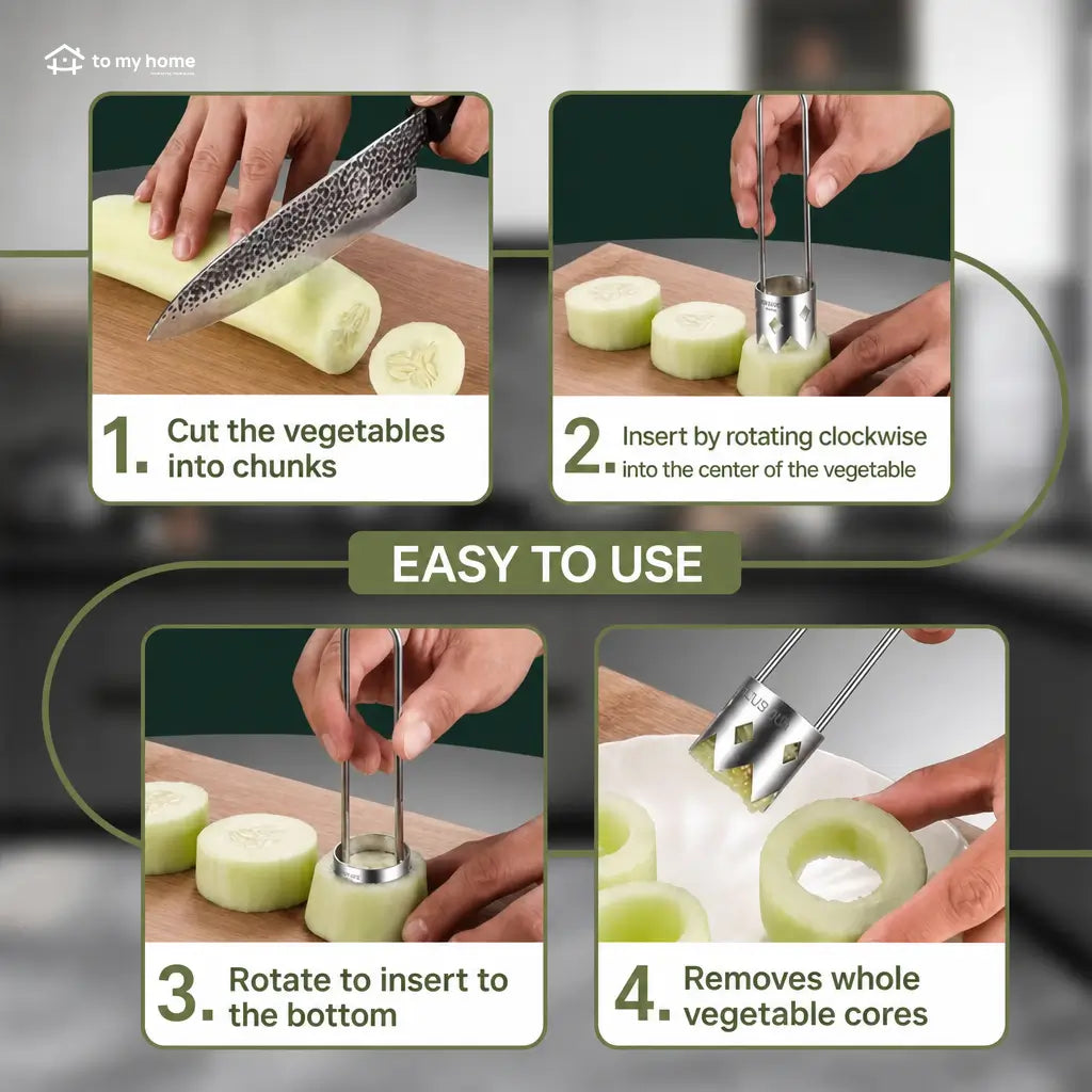 Universal stainless steel core remover set with ergonomic handles for easy fruit, pepper, cucumber, eggplant and apple preparation at home or professionally Tomyhome Global
