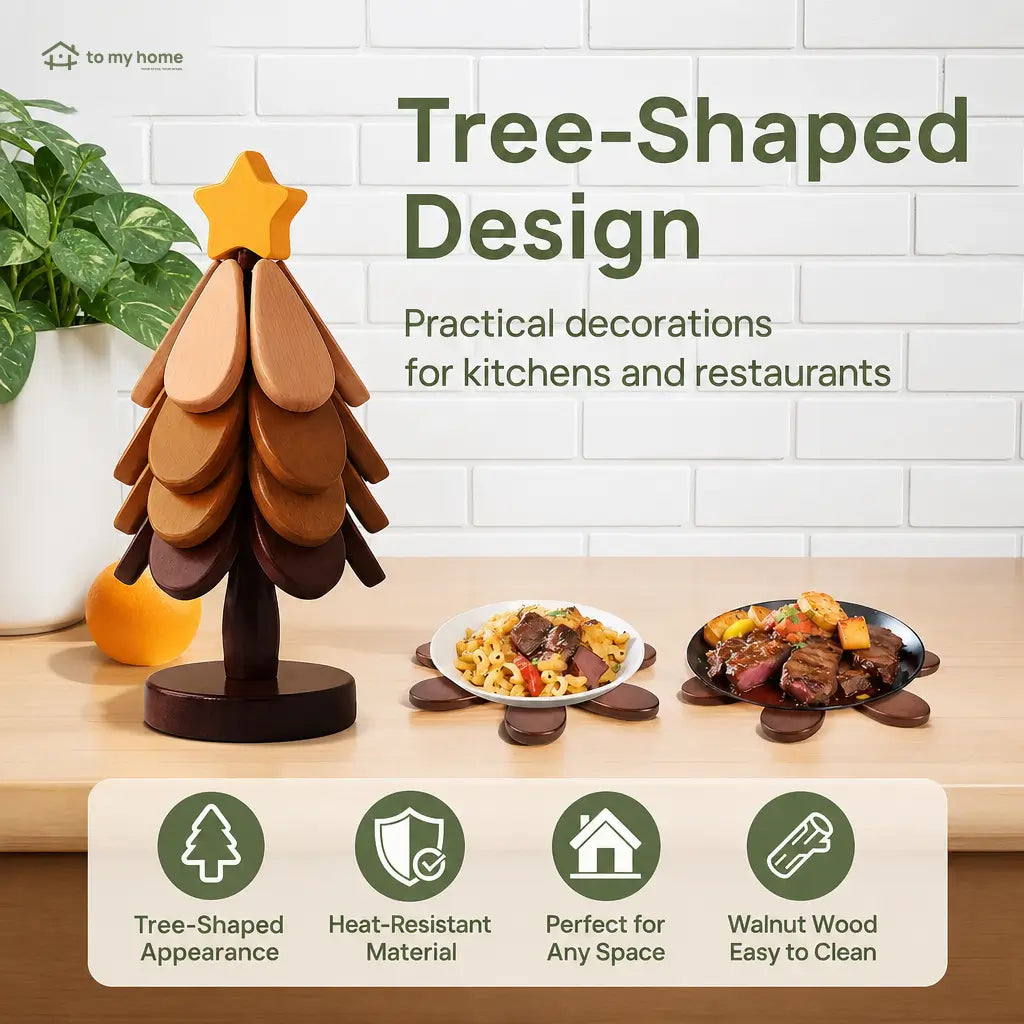 Foldable solid wood tree trivet set with heat-resistant coasters and display stand for hot pots, bowls, mugs, and family tables Tomyhome Global