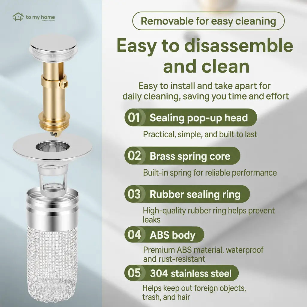 Universal pop-up sink stopper with removable stainless steel hair catcher basket for standard bathroom drains, 2-in-1 anti-clog strainer and plug Tomyhome Global