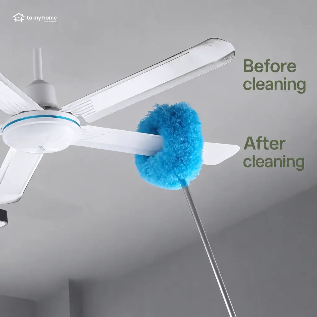 Lightweight extendable microfiber ceiling fan duster with slanted dust-locking head for walls, corners and everyday hard-to-reach home cleaning without ladders Tomyhome Global