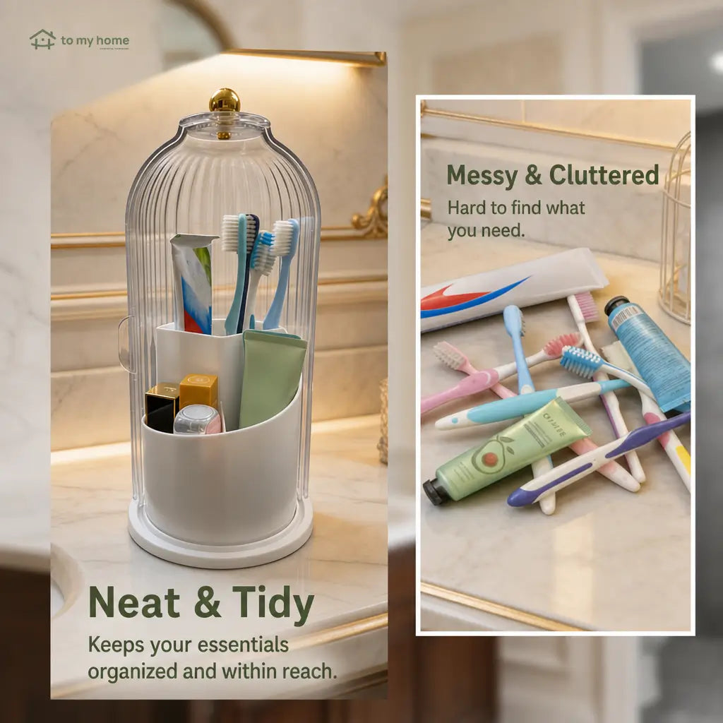 Dustproof rotating toothbrush holder with sliding cover and 3 slots for bathroom counters, vanity storage, brushes, razors, and organized daily essentials Tomyhome Global