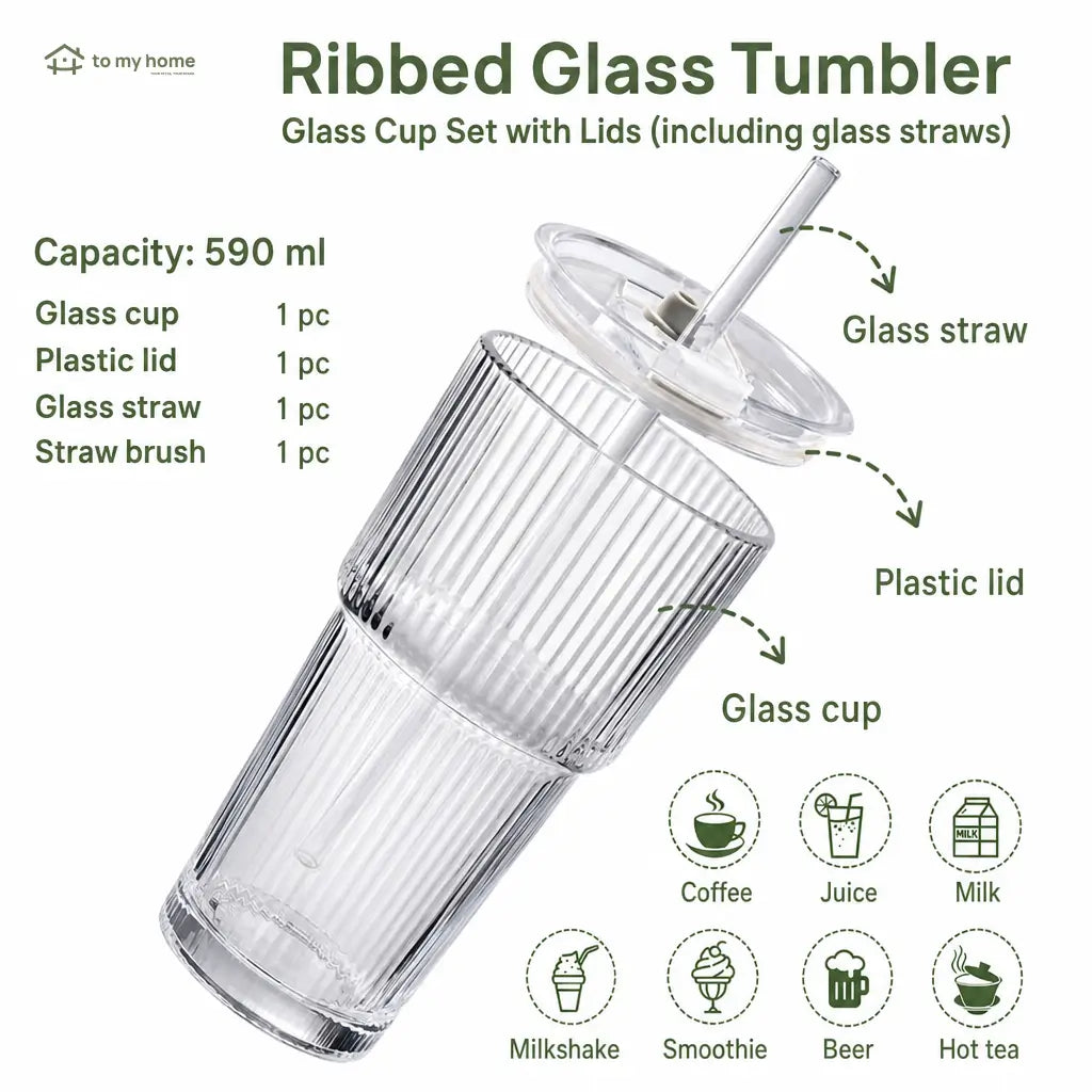 Reusable 562 ml (19 oz) ribbed glass cups with tight-sealing lids and straws for spill-resistant iced drinks, smoothies, cocktails, and commutes Tomyhome Global