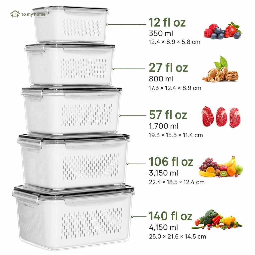 5-Pack Stackable Fridge Organizer Containers with Removable Colanders and Airtight Lids for Produce, Salad, Berries, Leftovers, and Meat Tomyhome Global