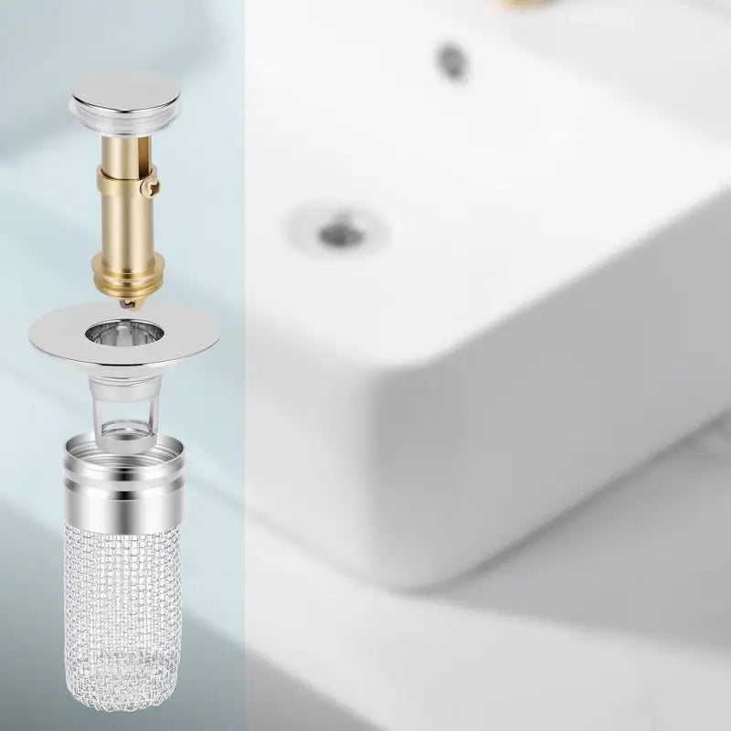 Bathroom Sink Stopper Hair Catcher Universal Pop Up Sink Drain Filter with Stainless Steel Filter Basket and Brass Drain Plug for Home Use