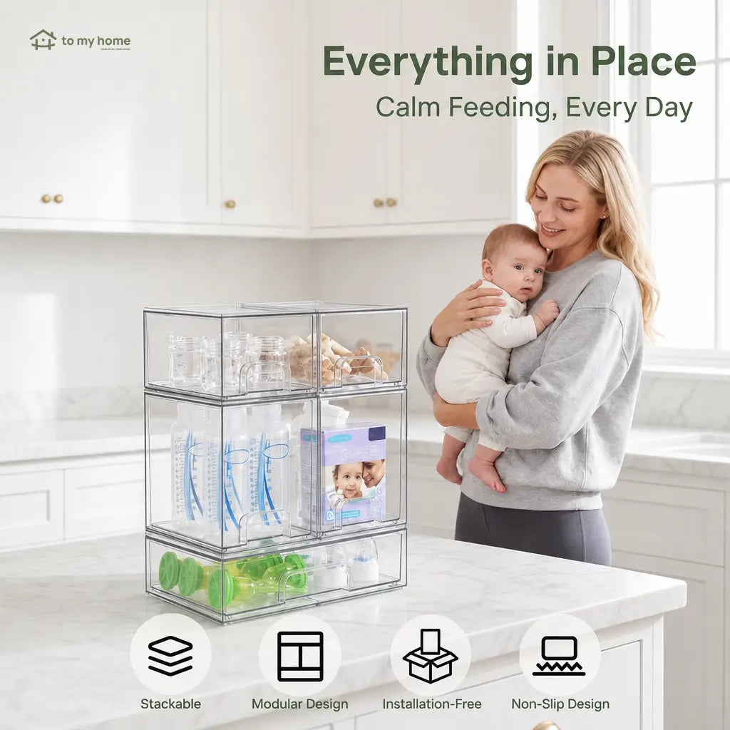 Stackable Clear Organizer Drawers, BPA-Free Multi-Size Storage Bins for Nursery Bottles, Bathroom Vanity, Pantry, Office Anywhere Tomyhome Global
