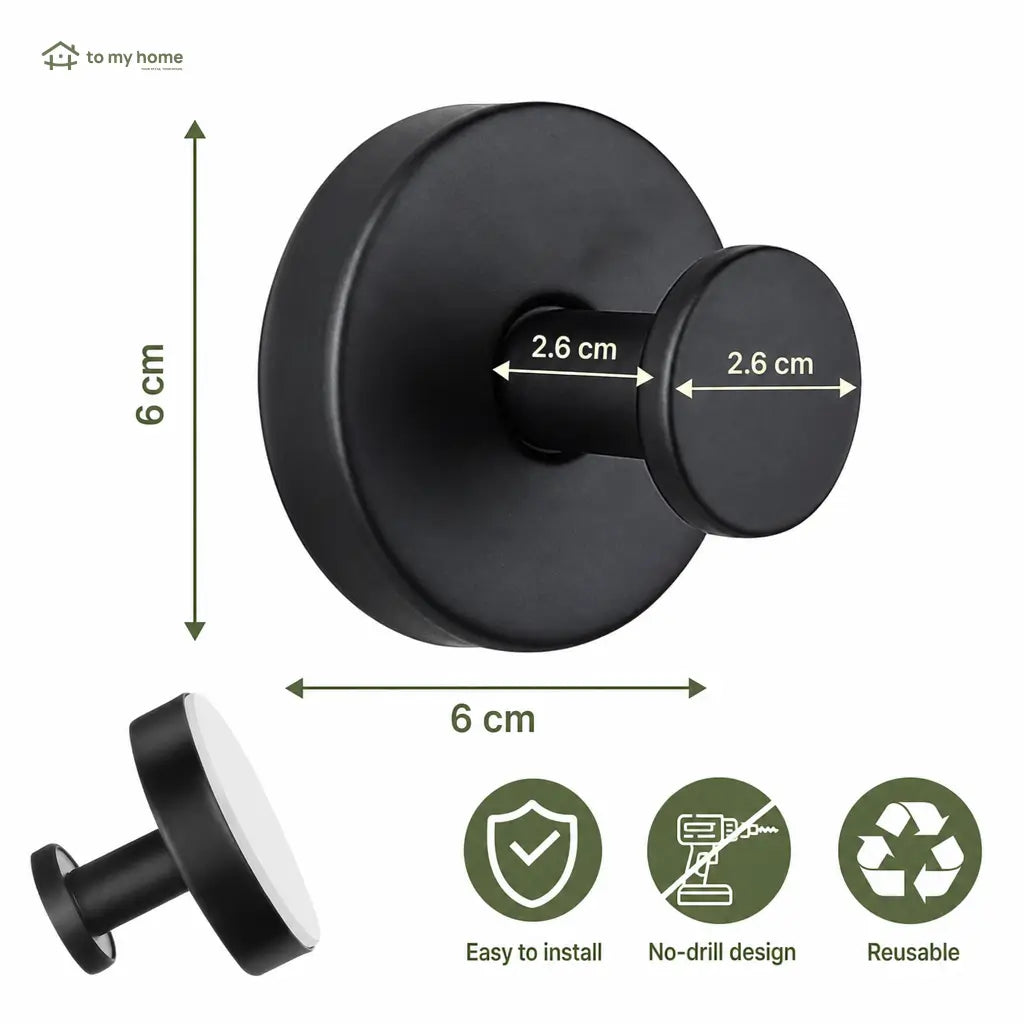 Matte Black Suction Cup Hooks, 2-Pack No-Drill Reusable Wall Hangers for Shower, Bathroom, Kitchen, Towels, Robes and Loofahs Tomyhome Global