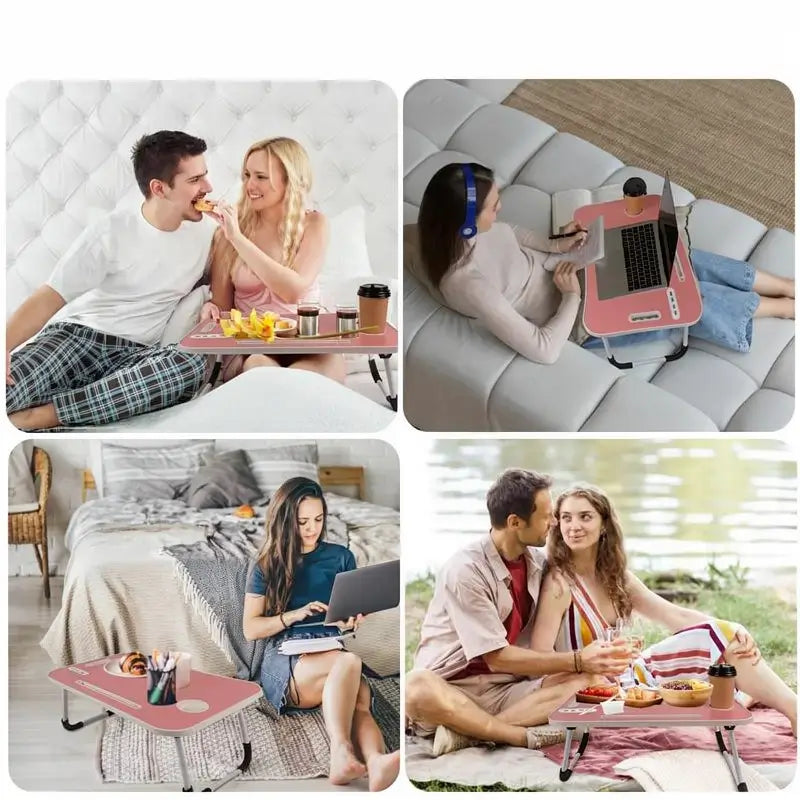 Portable Foldable Laptop Bed Desk with 4 USB Ports Storage Drawer Cup Holder Ergonomic Stand for Working Reading and Eating in Bed or Couch