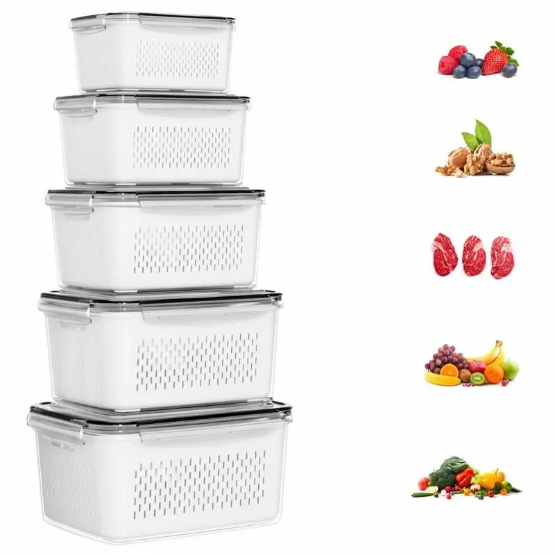 5-Pack Stackable Fridge Organizers BPA-Free Boxes with Removable Colander for Fruit Salad Vegetable Meat Fresh Kitchen Daily Home Use Tool Set