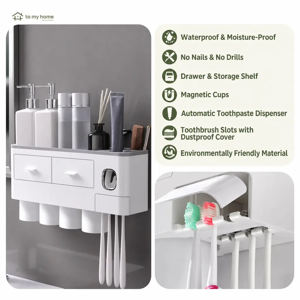 No-drill bathroom toothbrush organizer with automatic toothpaste dispenser, inverted magnetic cups, and tray for toiletries, razors, and cosmetics in compact wall-mounted spaces Tomyhome Global