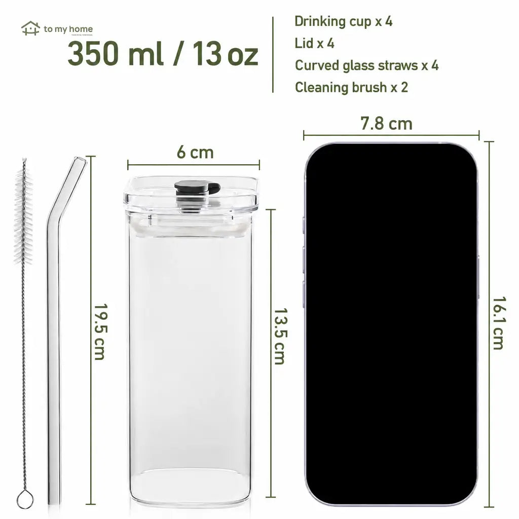 Square 13 oz glass tumbler set with lids and glass straws for iced coffee, cocktails, juice, and everyday drinks at home Tomyhome Global