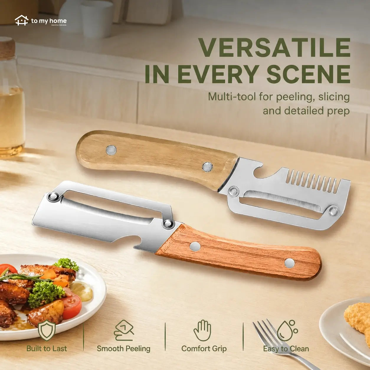 Two-Piece Vegetable and Fruit Peeler Set with Ultra-Sharp Stainless Steel Blade, Wooden Handle, and Built-In Bottle Opener for Everyday Kitchen Prep Tomyhome Global