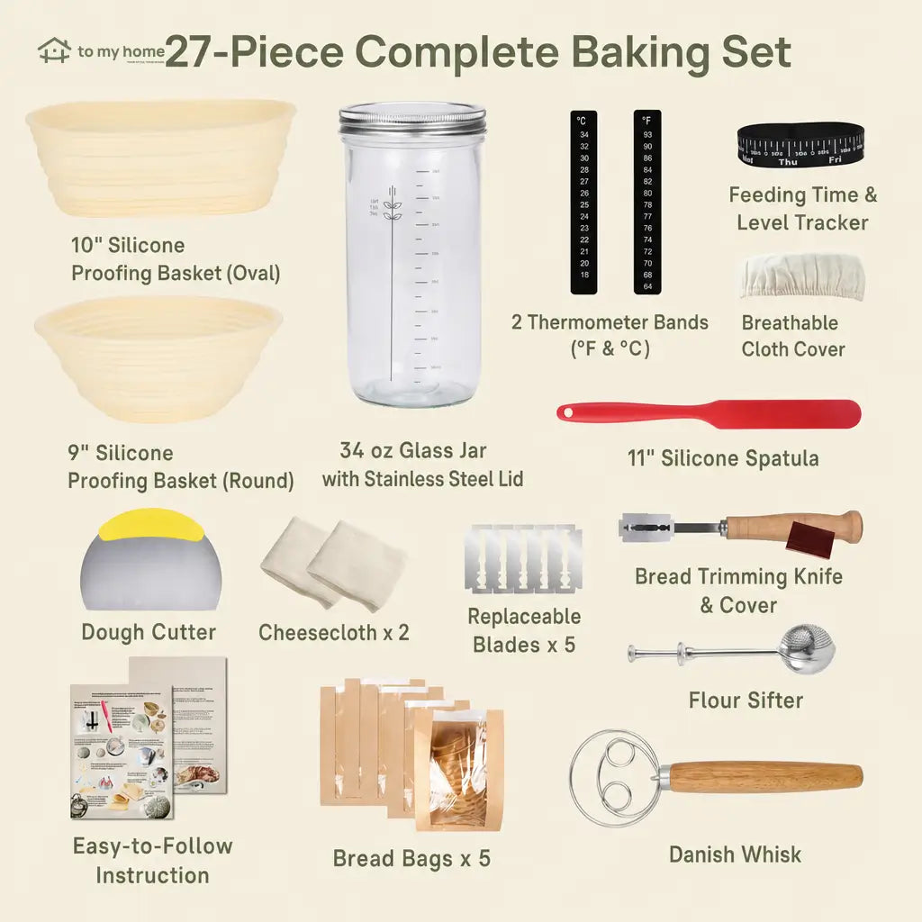 Complete sourdough starter kit with 1 L (34 oz) jar, silicone proofing baskets and tools for beginner home bread baking Tomyhome Global