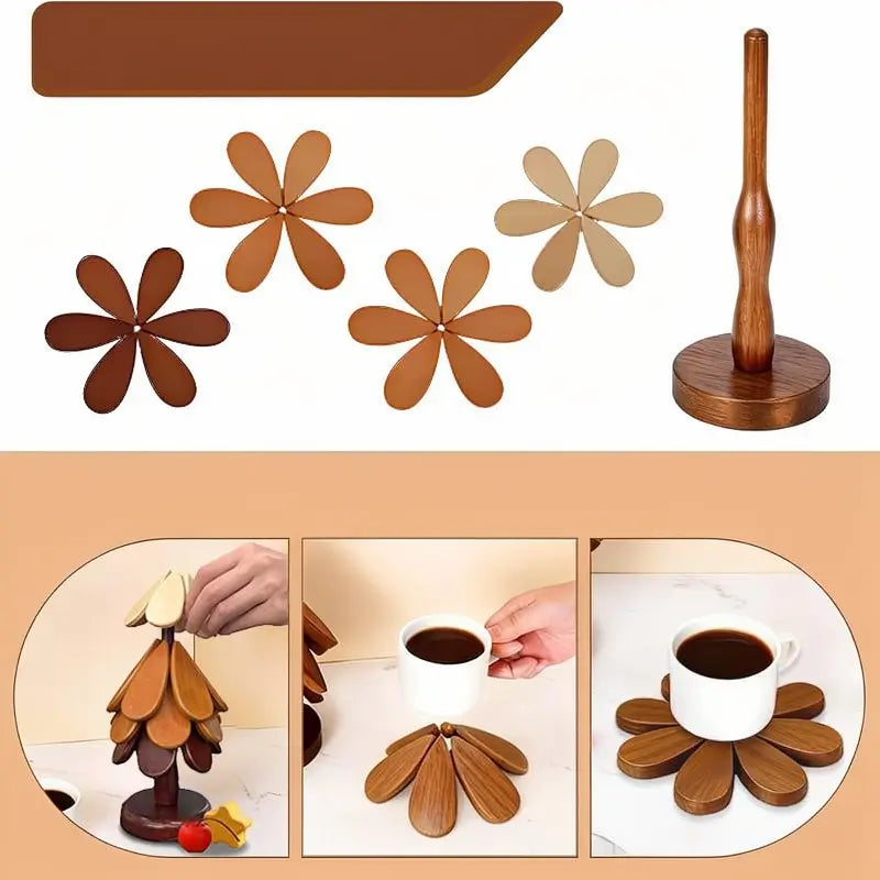 Heat Resistant Foldable Wooden Tree Trivet Set with 4 Coasters and 1 Stand for Hot Dishes Pots Bowls Teapots Solid Wood Kitchen Tableware Gift