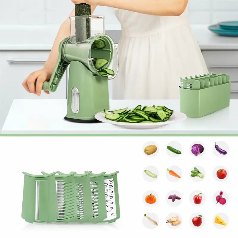 Manual Rotary Cheese Grater with Handle 5 Stainless Steel Blades Suction Base Vegetable Slicer Dicer Nut Grinder Home Kitchen Gadget Tool