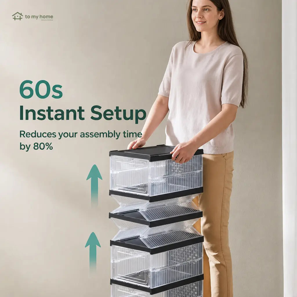 Collapsible shoe storage boxes with clear front doors, stackable foldable organizer for closets, shelves and entryways, fits US size 13 shoes Tomyhome Global