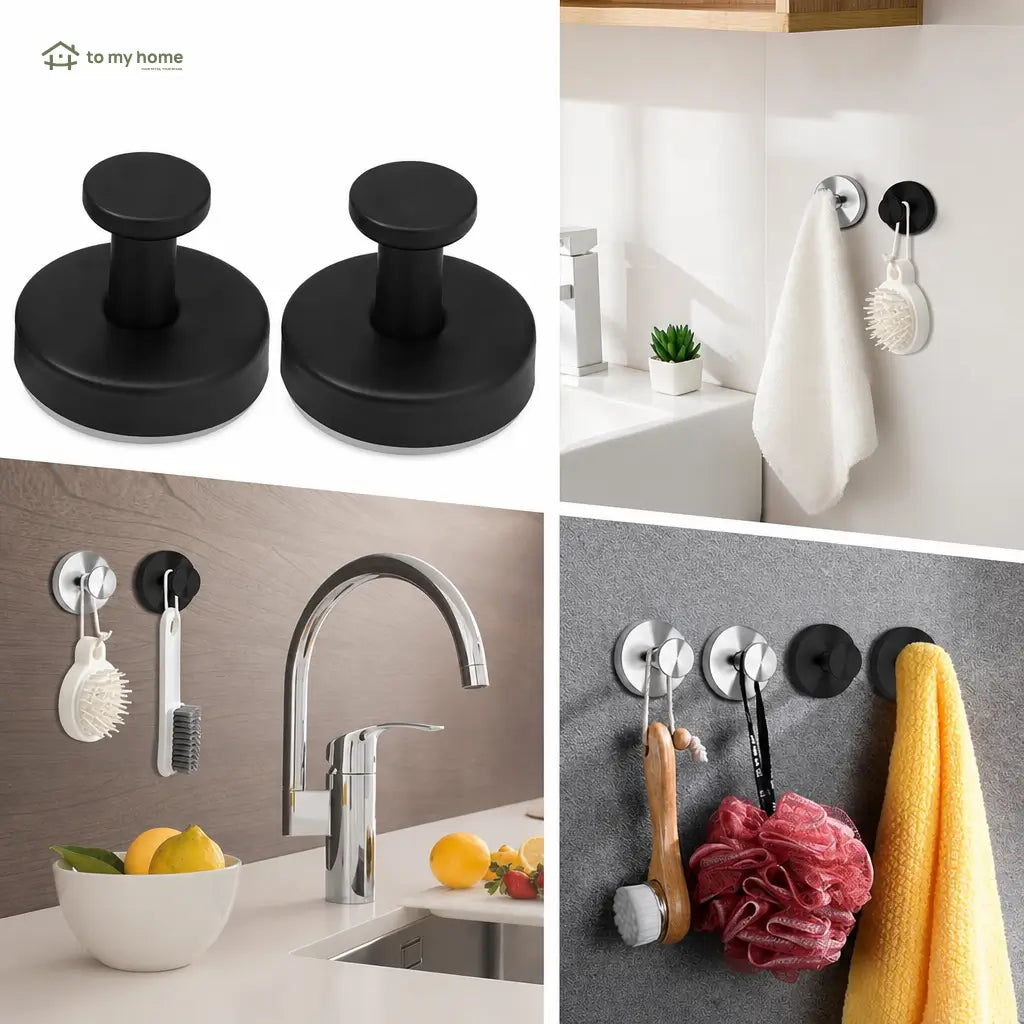 Matte Black Suction Cup Hooks, 2-Pack No-Drill Reusable Wall Hangers for Shower, Bathroom, Kitchen, Towels, Robes and Loofahs Tomyhome Global