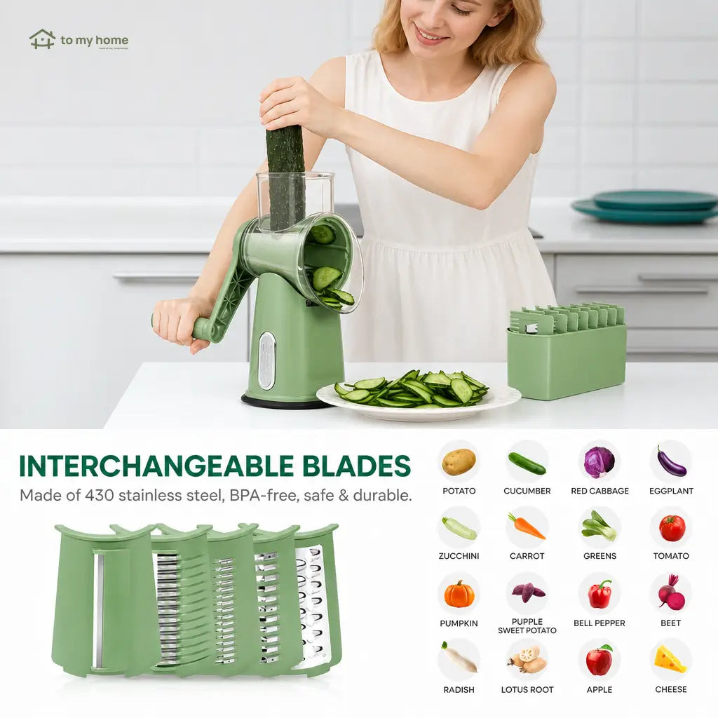 Rotary Cheese Grater with 5 Replaceable Blades and Suction Base for Fast Vegetable Slicing, Shredding, and Meal Prep Tomyhome Global