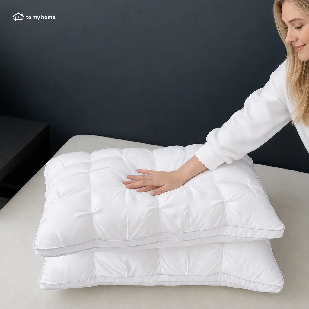 Soft hotel-style down alternative bed pillows with gusseted neck support for side, back, and stomach sleepers, available in queen or king sizes Tomyhome Global