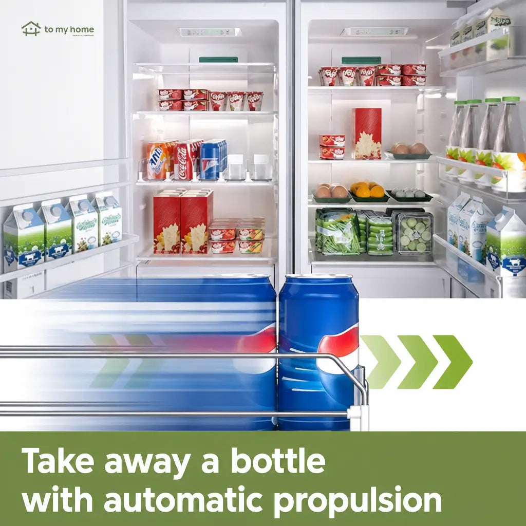 Refrigerator beverage organizer with spring-loaded can feed, durable recycled plastic storage for soda cans, coolers, shelves and pantry Tomyhome Global