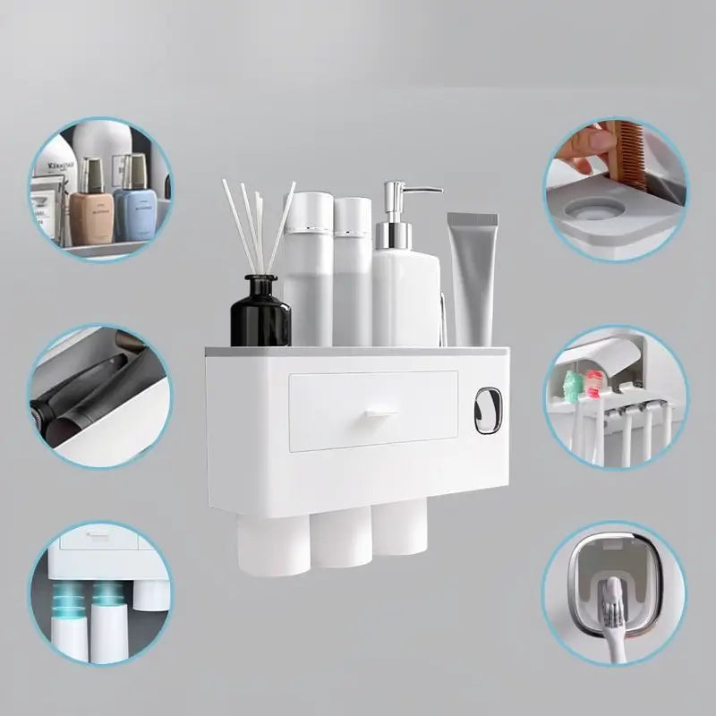 Portaspazzolino da Parete con Dispenser Automatico di Dentifricio, Vassoio Contenitore Grande e Tazze per Organizzazione Bagno, Set Accessori Bagno Multifunzionale Salvaspazio