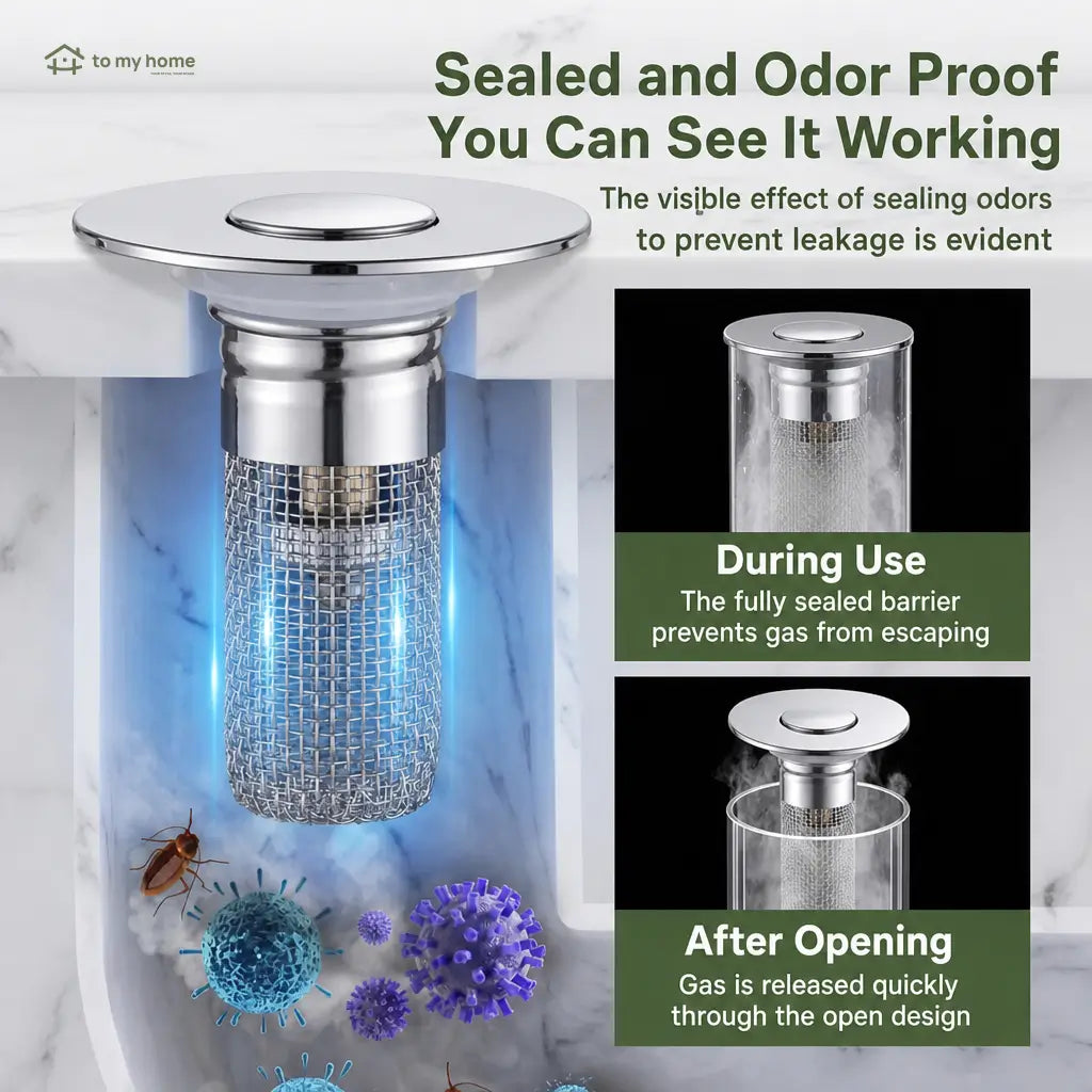 Universal pop-up sink stopper with removable stainless steel hair catcher basket for standard bathroom drains, 2-in-1 anti-clog strainer and plug Tomyhome Global