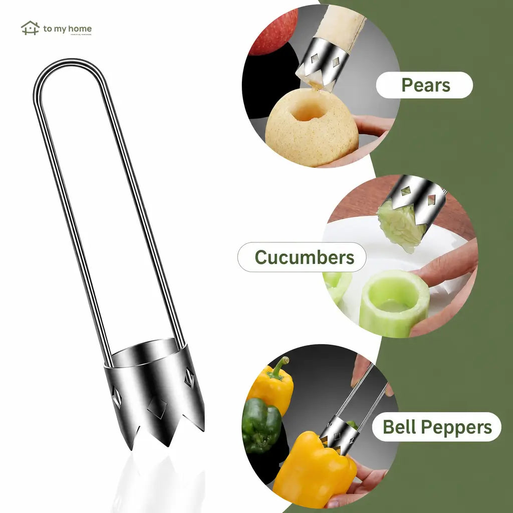 Universal stainless steel core remover set with ergonomic handles for easy fruit, pepper, cucumber, eggplant and apple preparation at home or professionally Tomyhome Global