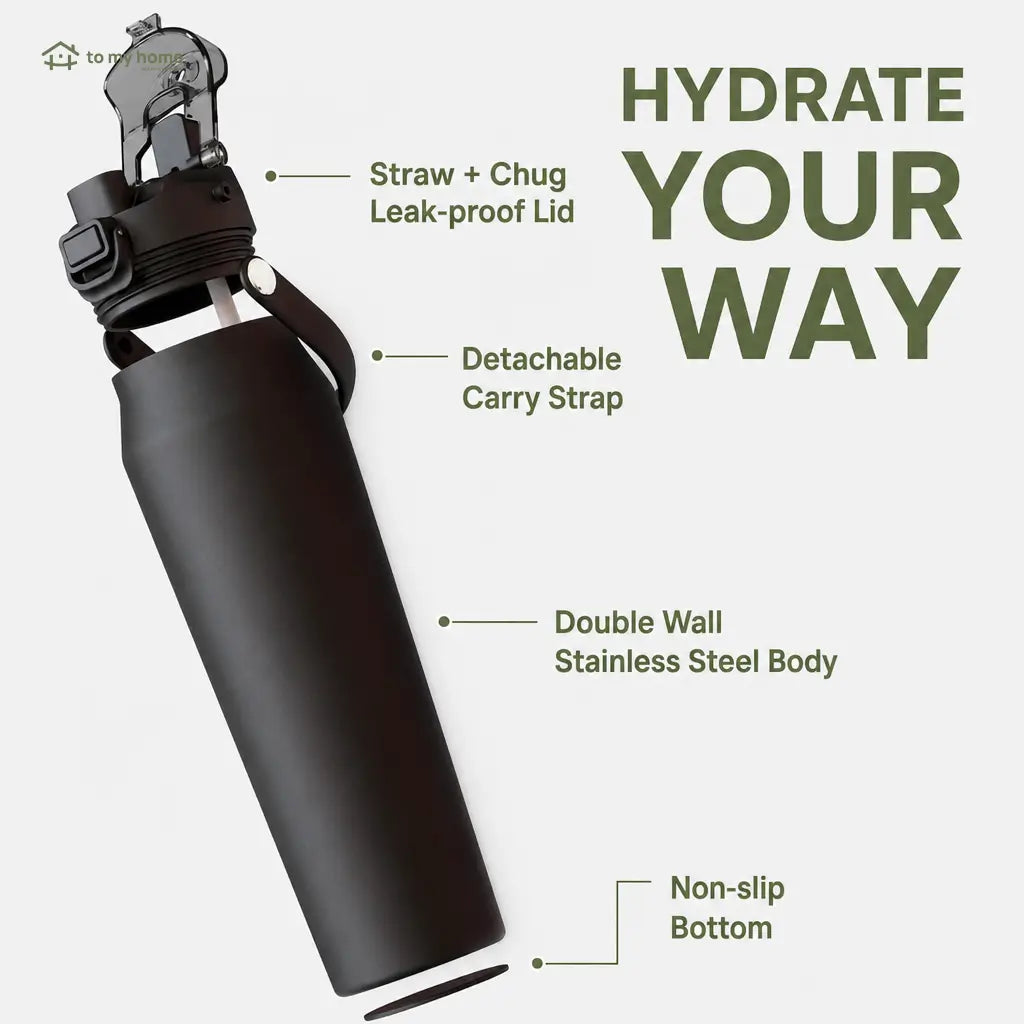 32 oz stainless steel insulated water bottle with leak-proof dual straw chug lid for cold drinks at school, work and daily travel Tomyhome Global