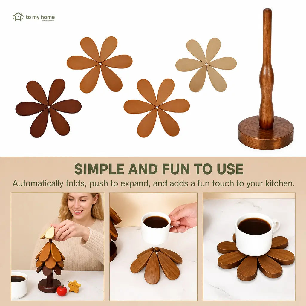 Foldable solid wood tree trivet set with heat-resistant coasters and display stand for hot pots, bowls, mugs, and family tables Tomyhome Global