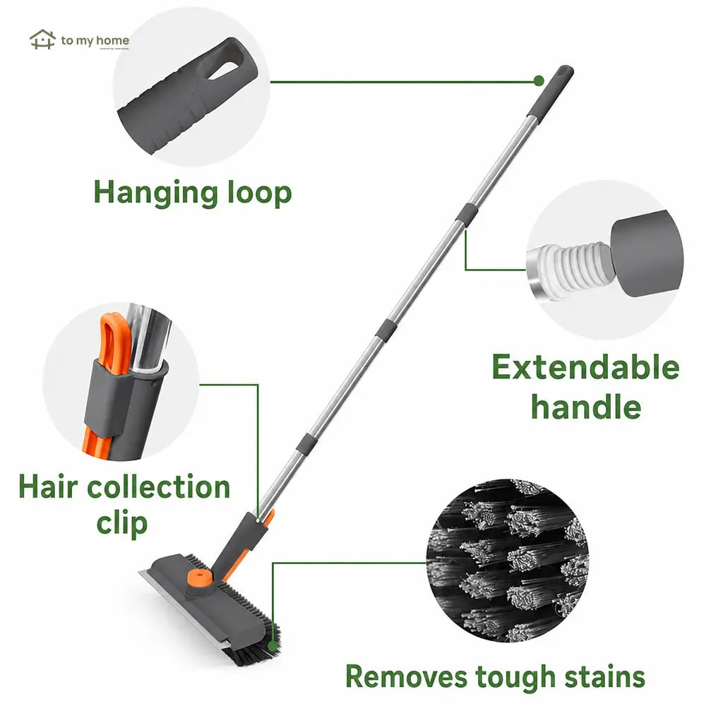 3-in-1 floor scrub brush with adjustable long handle, stiff bristles and squeegee for bathrooms, tile, patios and garages Tomyhome Global