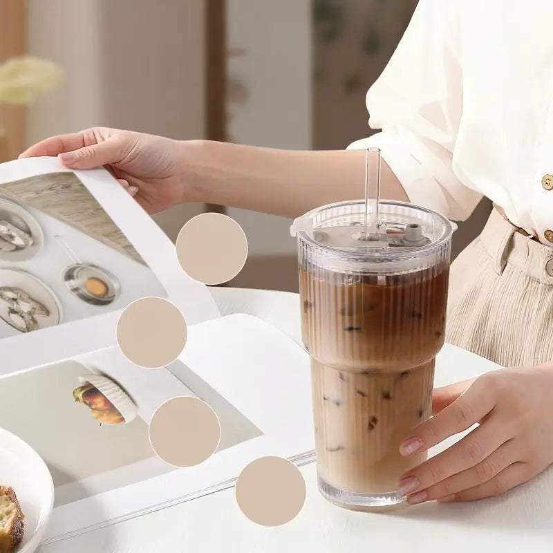591ml Ribbed Glass Tumbler Set with Lids and Straws Reusable Leak-Proof for Iced Coffee Smoothies Juice Cocktails Stylish Durable Glass Drinkware