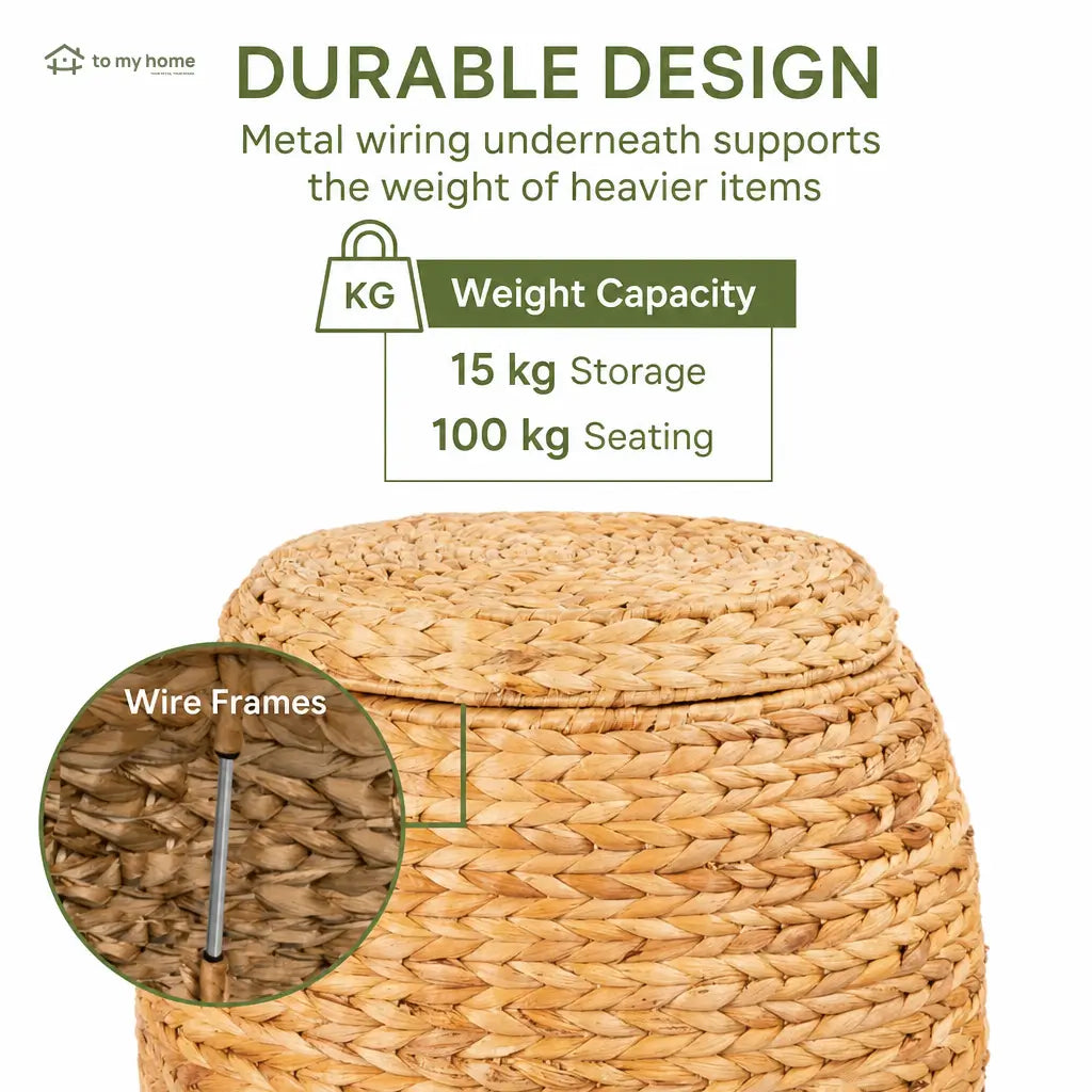 Handwoven water hyacinth storage basket with lid and metal frame for blankets, toys, laundry, and living room organization in any home Tomyhome Global