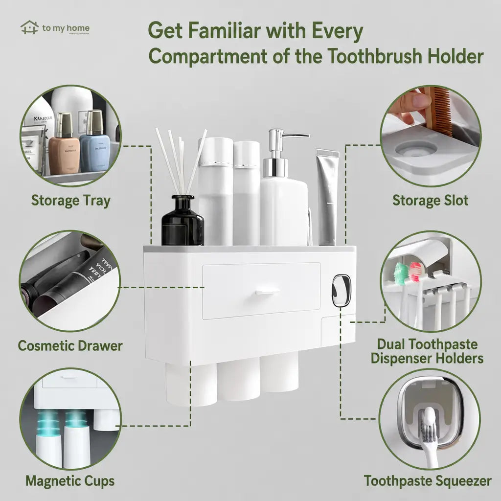 No-drill bathroom toothbrush organizer with automatic toothpaste dispenser, inverted magnetic cups, and tray for toiletries, razors, and cosmetics in compact wall-mounted spaces Tomyhome Global