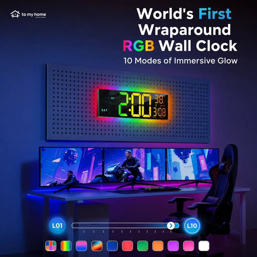 Large digital wall clock with RGB ambient light, dual alarms, and easy-read LED display for home offices, kitchens, classrooms, and gaming rooms Tomyhome Global