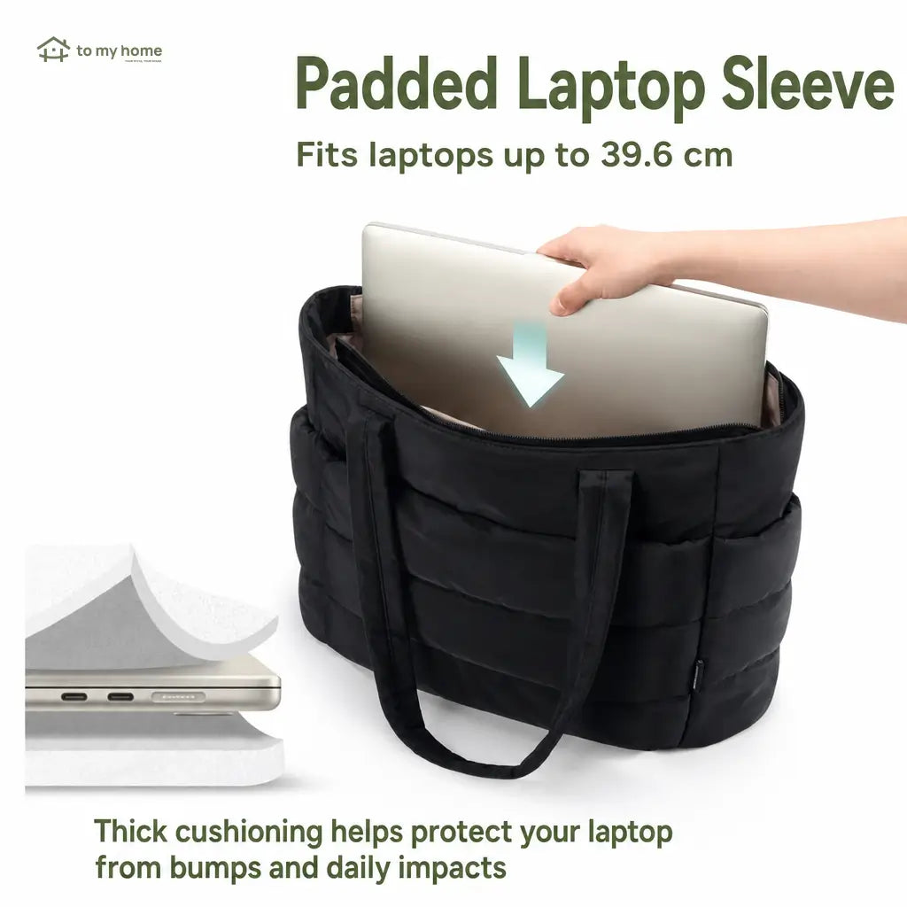Lightweight puffer tote bag with laptop sleeve, zip closure and pockets for work, travel, gym and everyday commuting essentials Tomyhome Global
