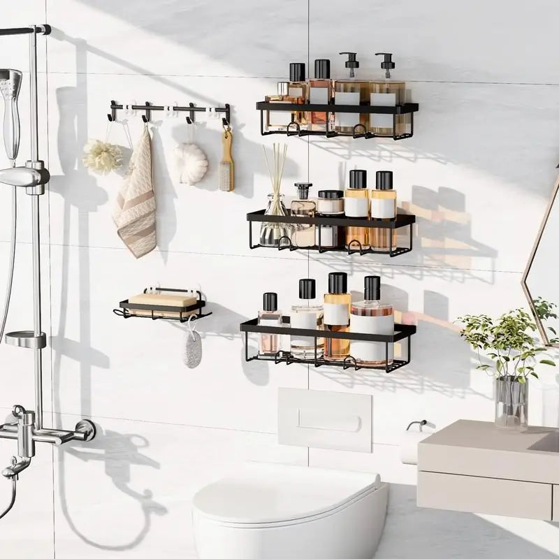 5-Pack Black Adhesive Shower Caddy Set Wall Mounted Bathroom Organizer No Drill Rustproof Stainless Steel Storage Racks With Removable Hooks For Shampoo And Soap