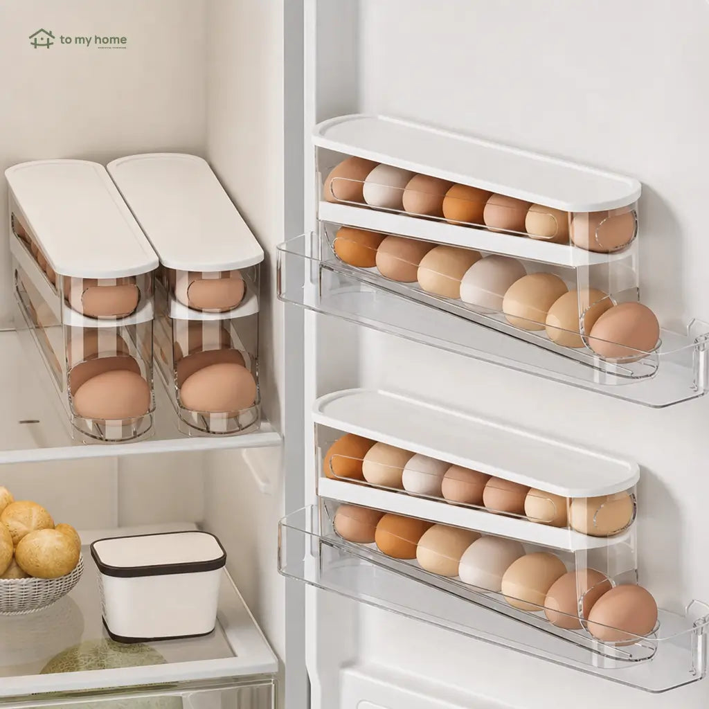 Clear rolling egg storage box with stackable plastic design for space-saving refrigerator and kitchen organization, keeping eggs visible and tidy Tomyhome Global